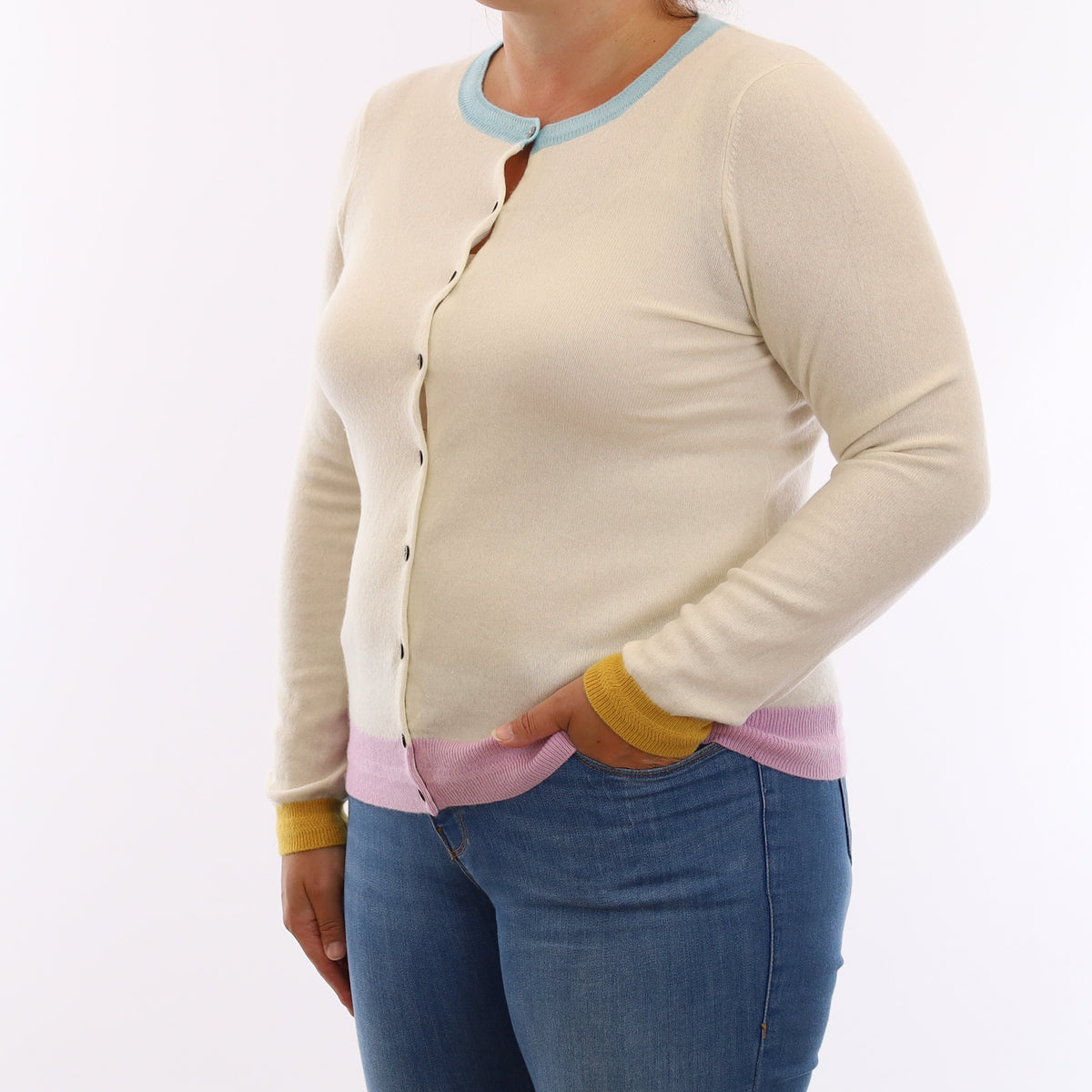 Ivory Multicolour Trim Cashmere Crew Neck Cardigan Large