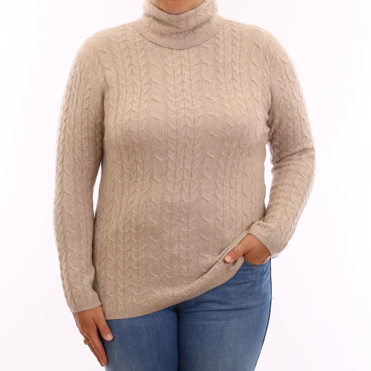 Fawn Chunky Cable Cashmere Polo Neck Jumper Large