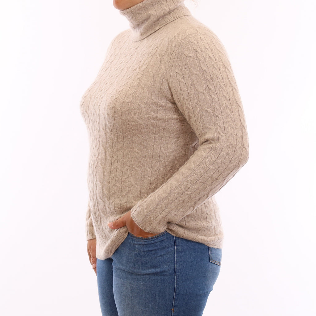 Fawn Chunky Cable Cashmere Polo Neck Jumper Large