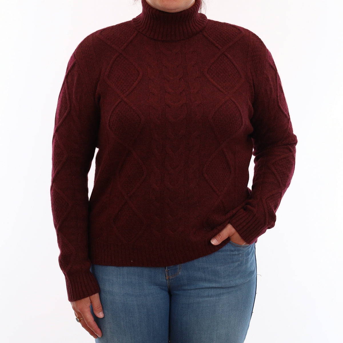 Wine Red Chunky Textured Cashmere Polo Neck Jumper Large