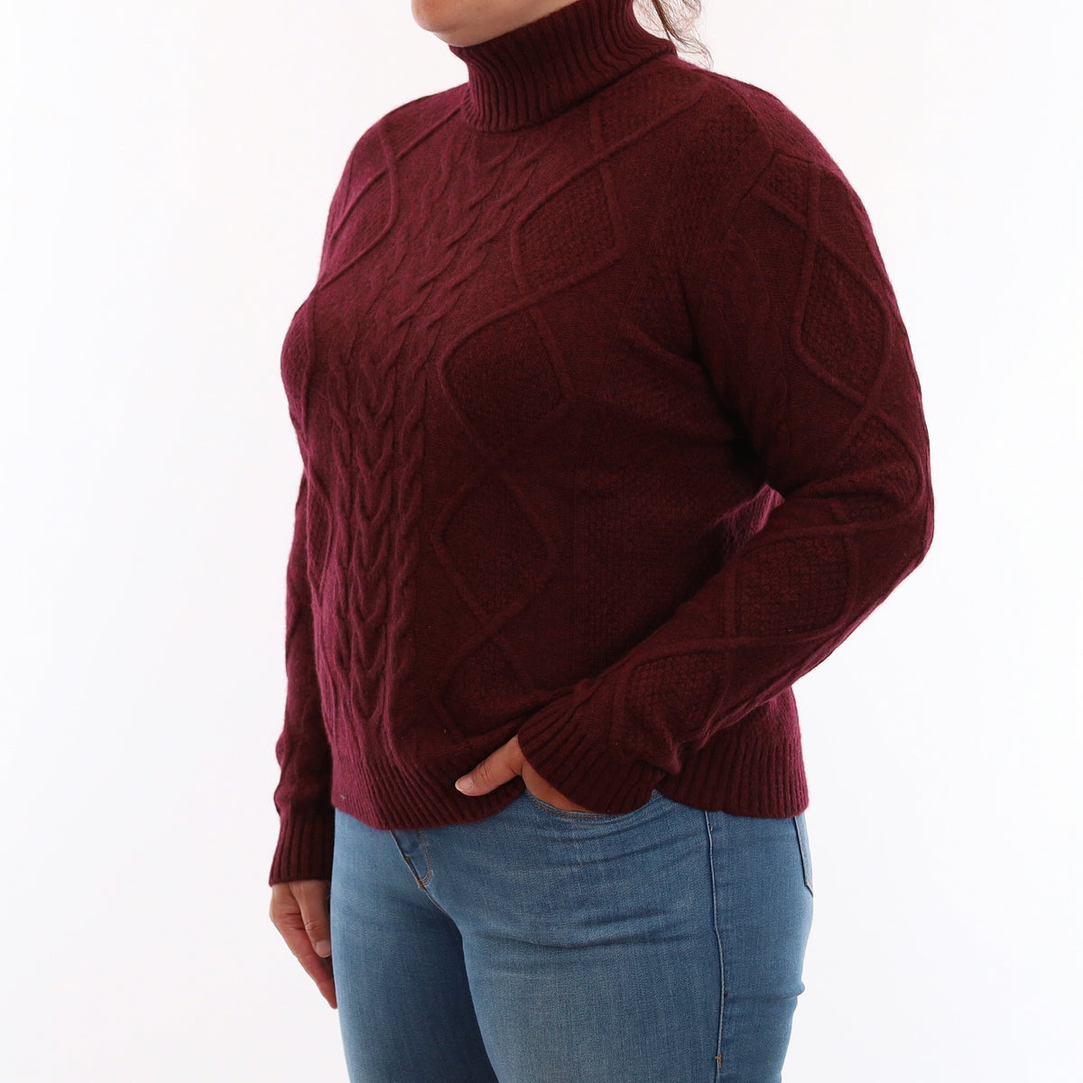 Wine Red Chunky Textured Cashmere Polo Neck Jumper Large