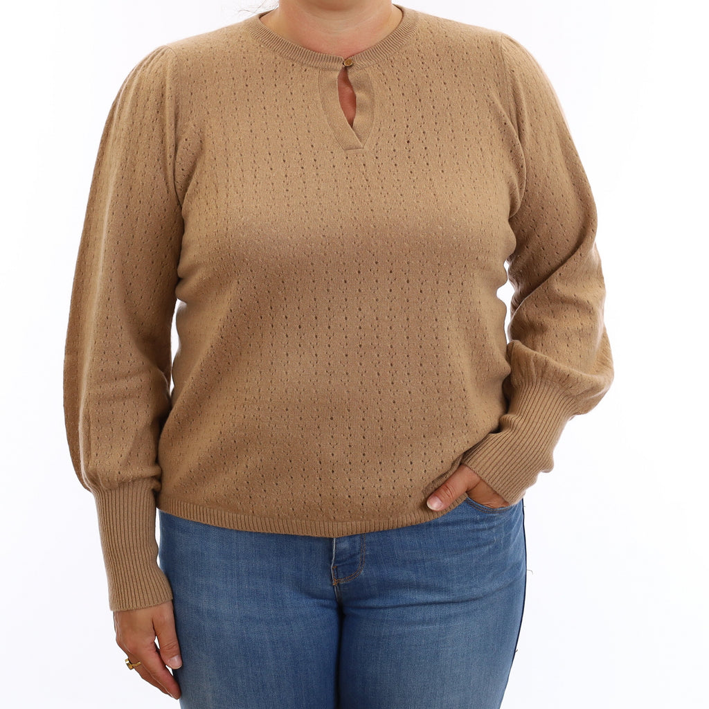 Wyse London Camel Pointelle Cashmere Crew Neck Jumper Large