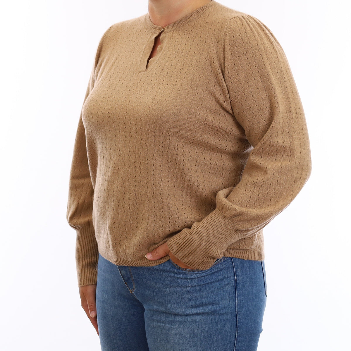 Wyse London Camel Pointelle Cashmere Crew Neck Jumper Large