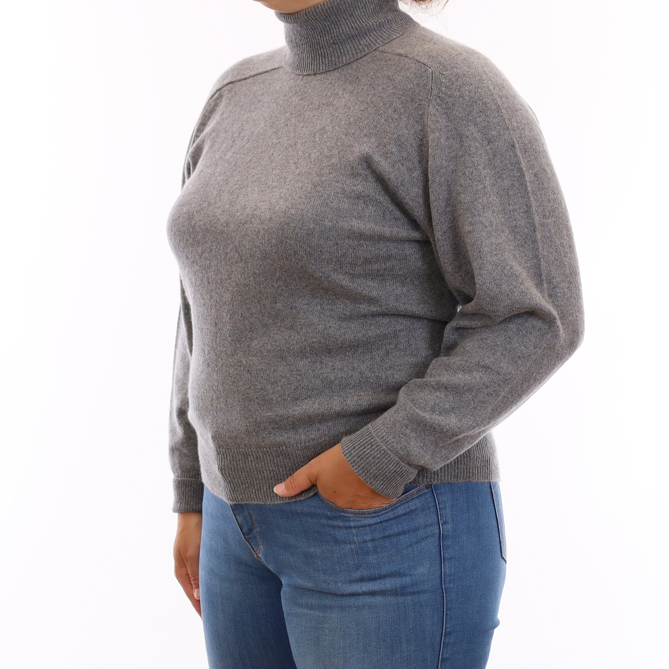 Ash Grey Cashmere Polo Neck Jumper Large
