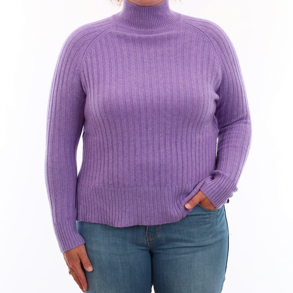 Lavender Purple Rib Cashmere Turtleneck Jumper Large