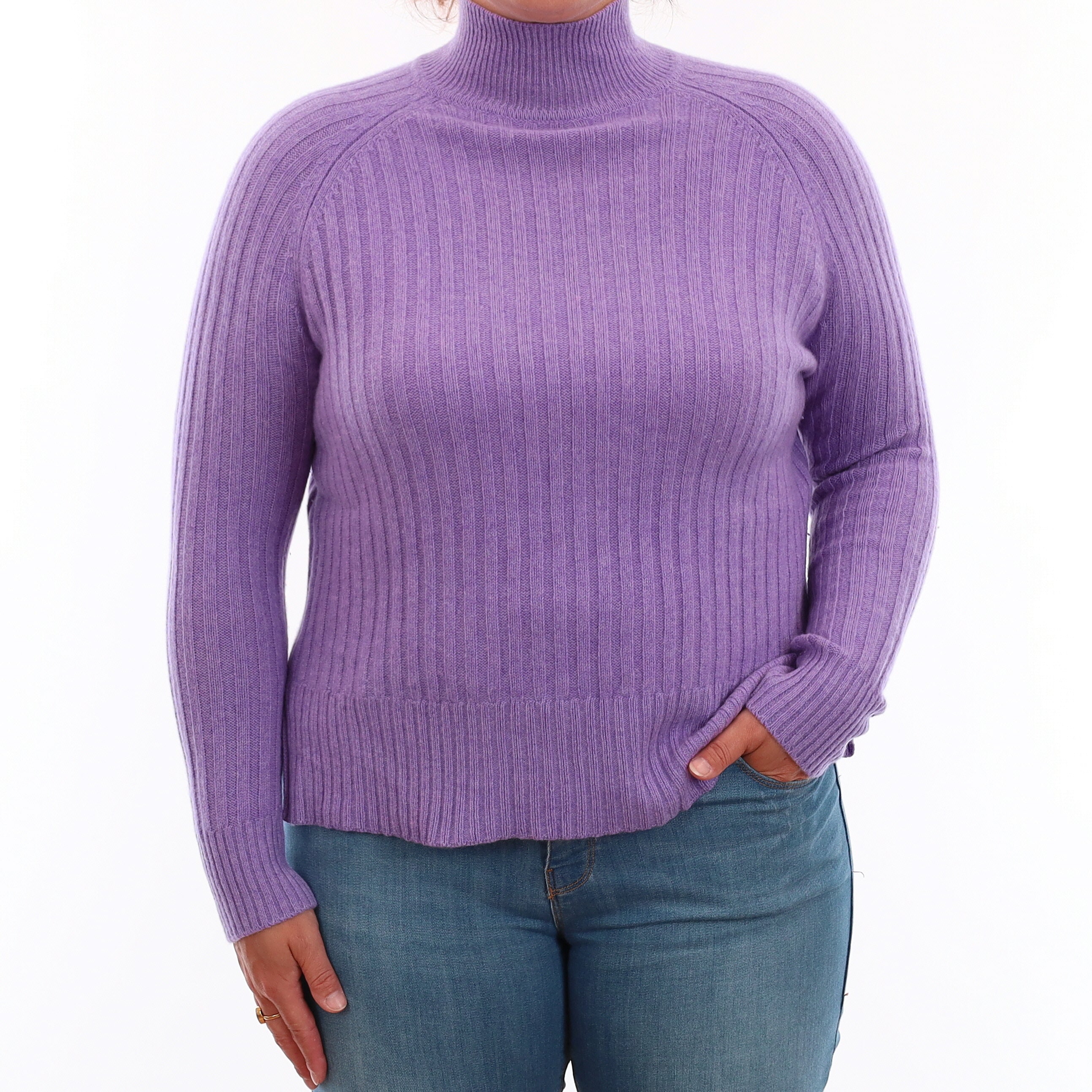 Lavender Purple Rib Cashmere Turtleneck Jumper Large