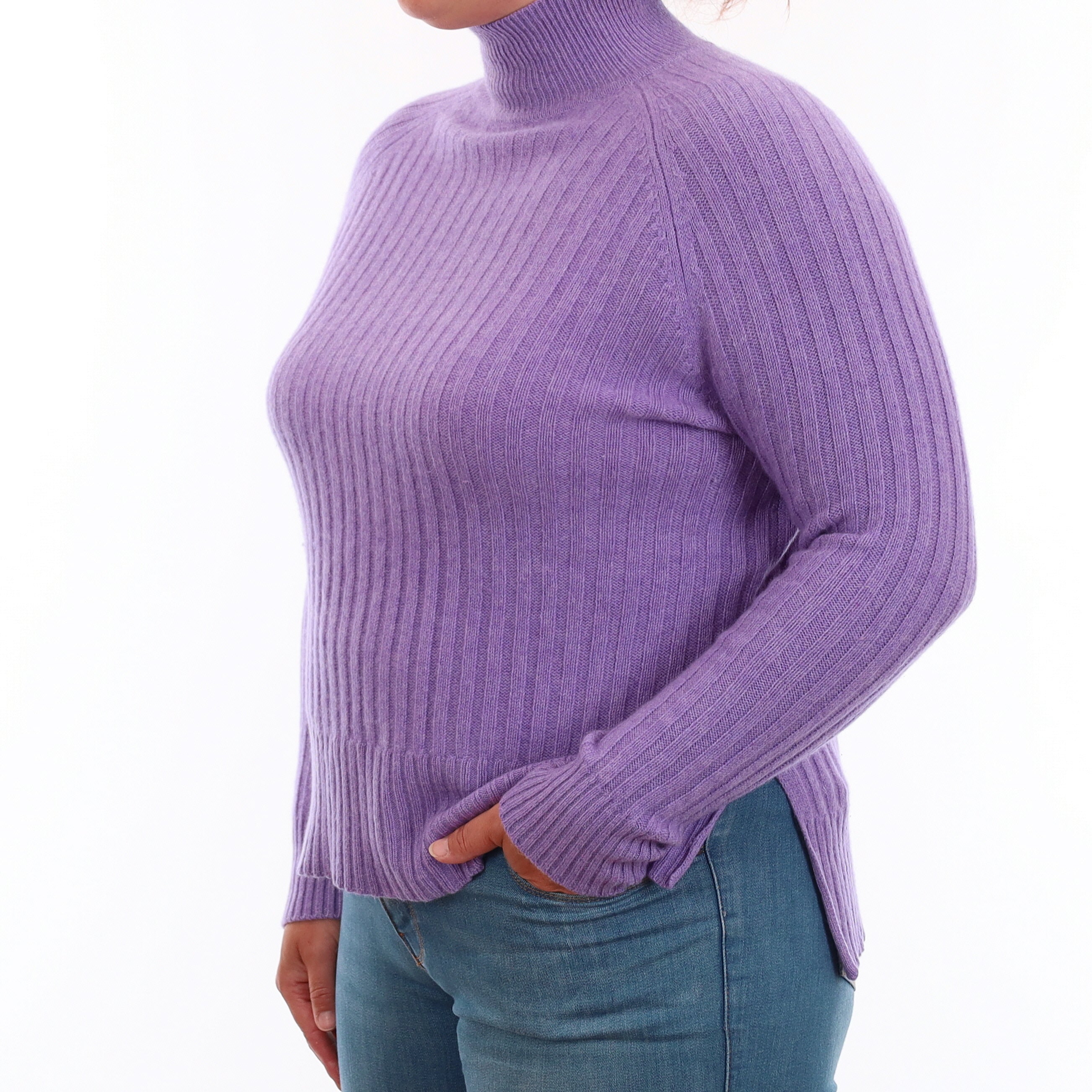Lavender Purple Rib Cashmere Turtleneck Jumper Large