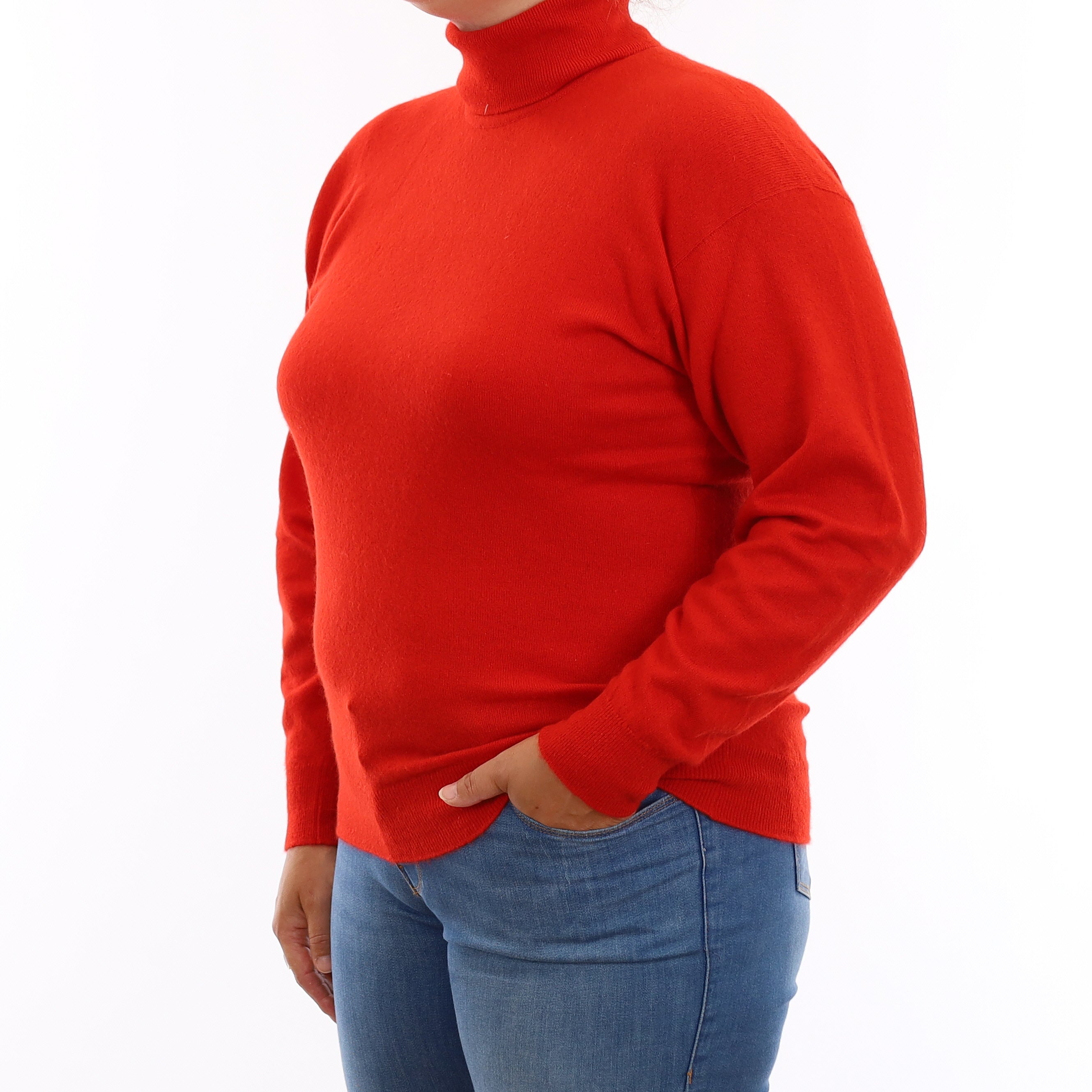 Vintage Scottish Vermillion Red Cashmere Polo Neck Jumper Large