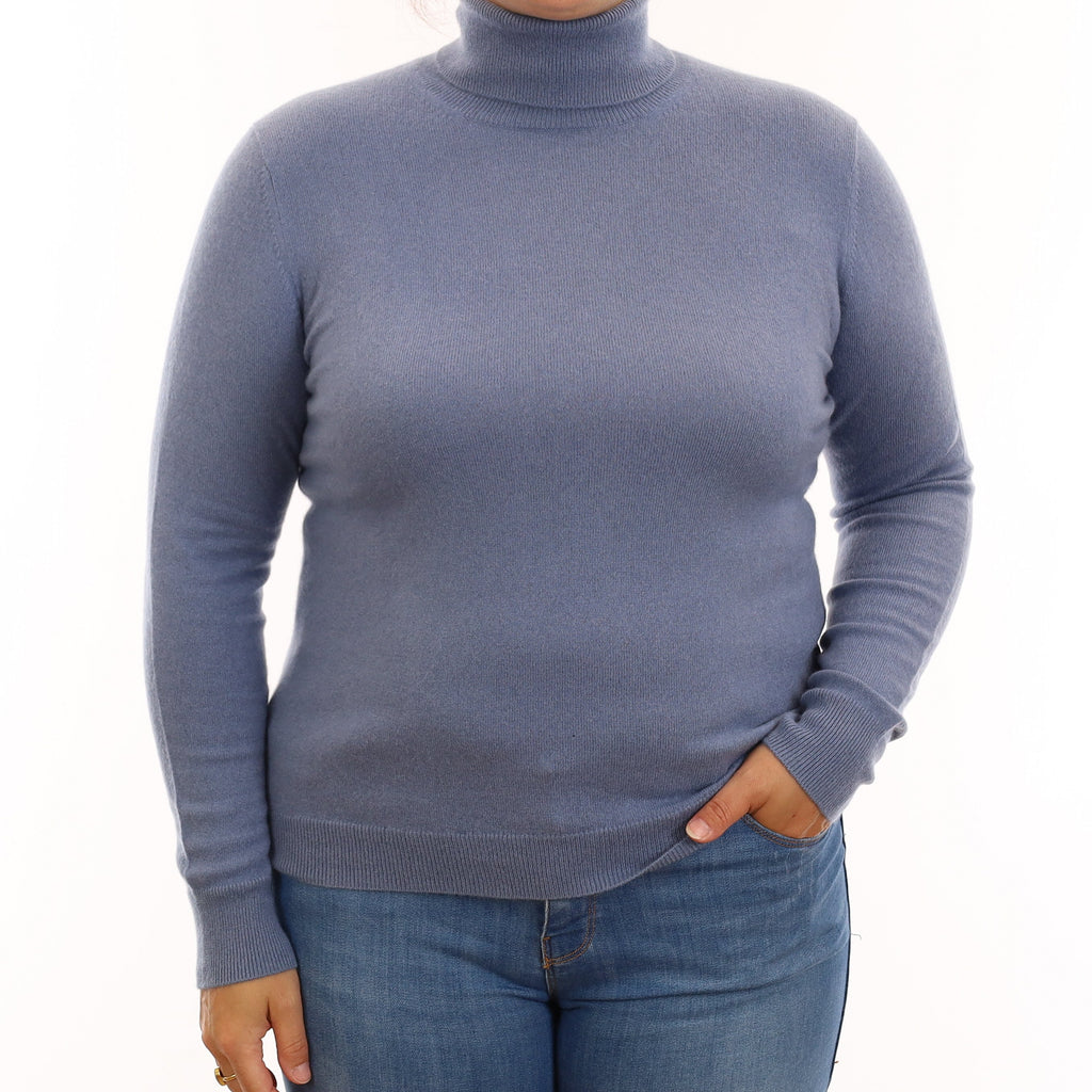 Dusky Blue Cashmere Polo Neck Jumper Large