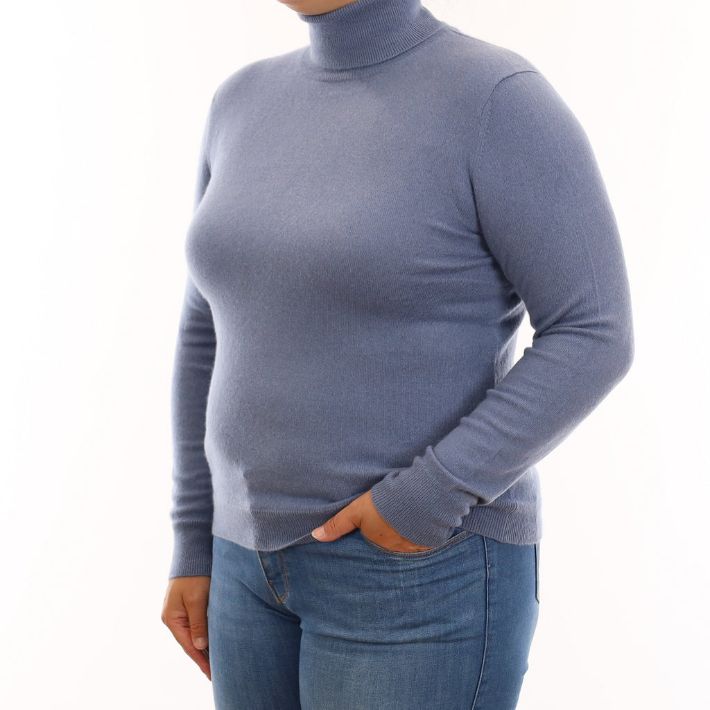 Dusky Blue Cashmere Polo Neck Jumper Large
