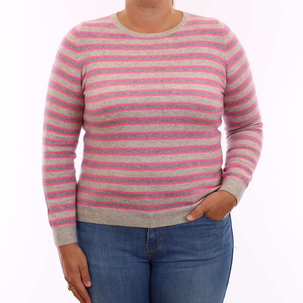Grey & Pink Stripe Cashmere Crew Neck Jumper Large