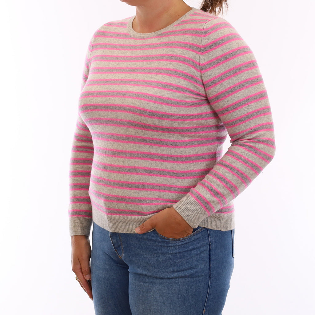 Grey & Pink Stripe Cashmere Crew Neck Jumper Large