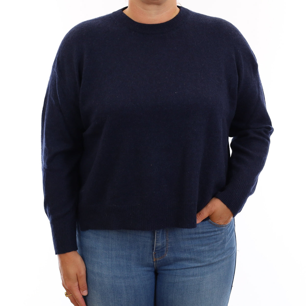 Navy Textured Cashmere Boxy Crew Neck Jumper Large