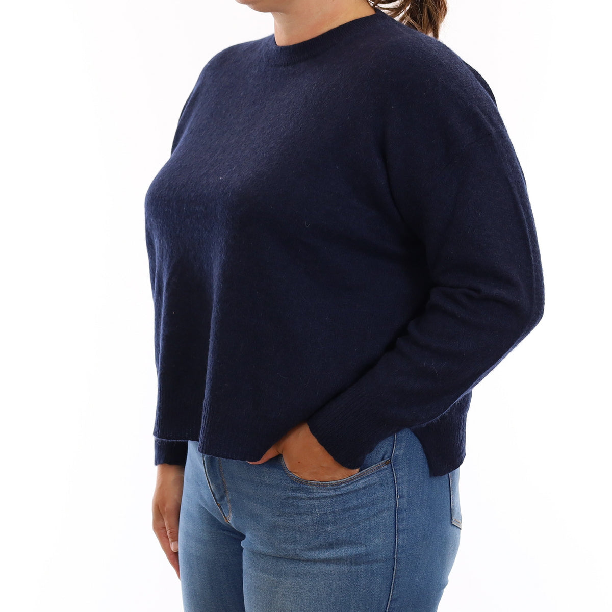 Navy Textured Cashmere Boxy Crew Neck Jumper Large