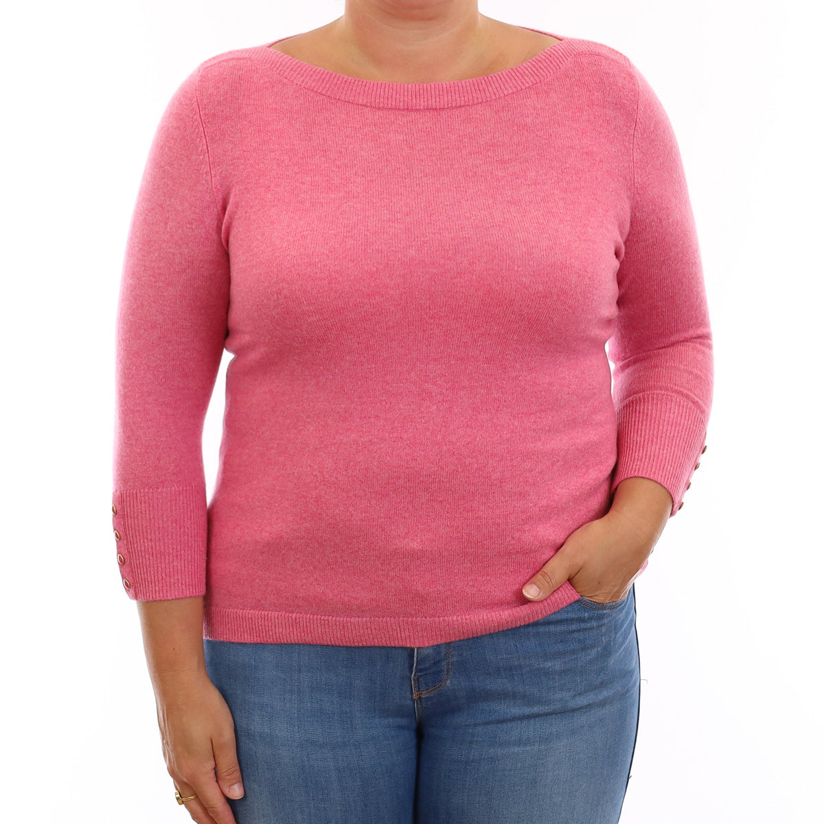 Rose Pink Cashmere 3/4 Sleeve Boat Neck Jumper Large