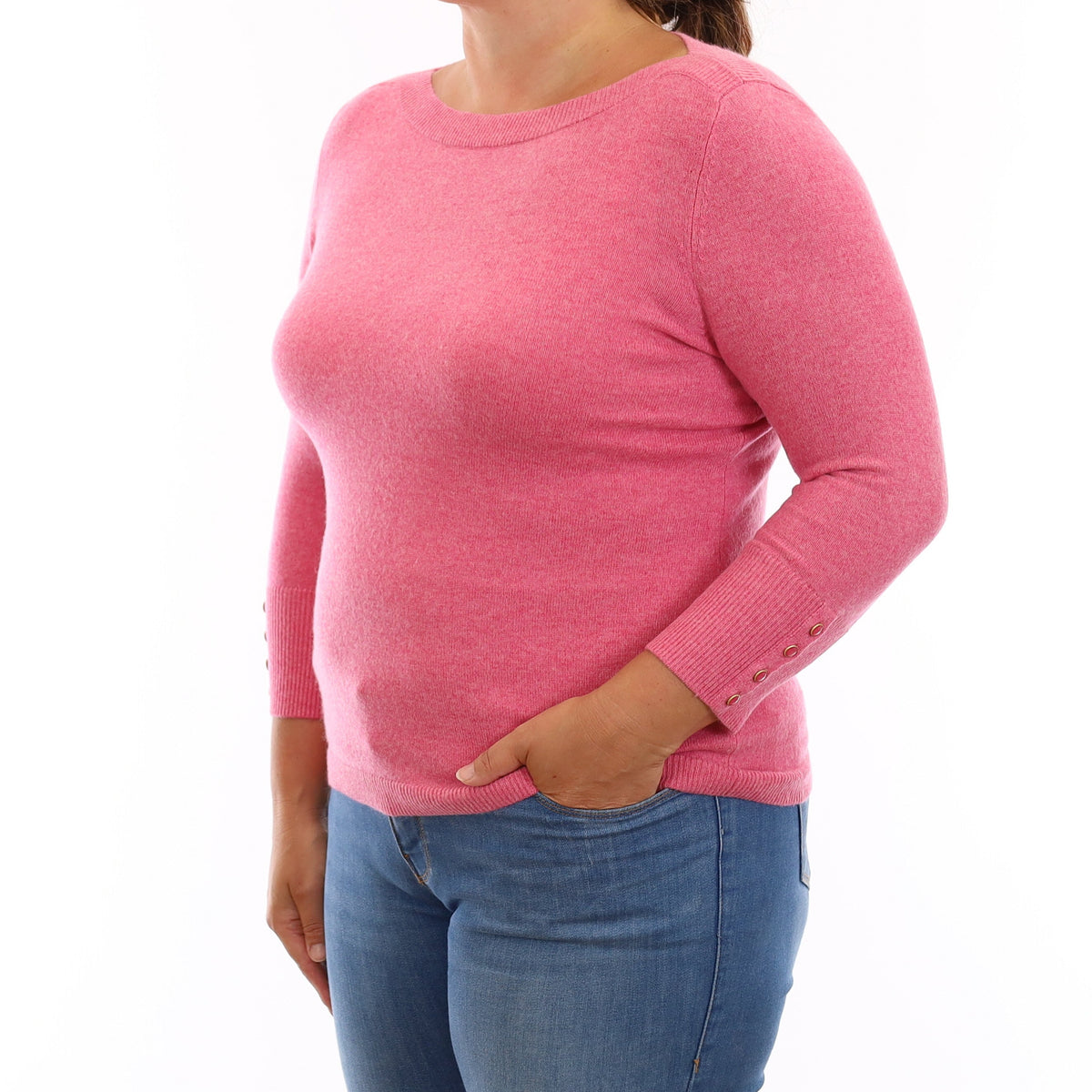 Rose Pink Cashmere 3/4 Sleeve Boat Neck Jumper Large
