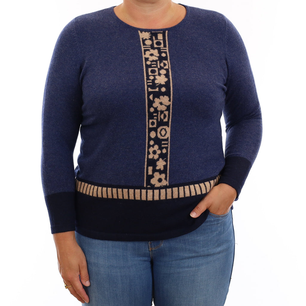 Naval Blue Patterned Cashmere Crew Neck Jumper Large
