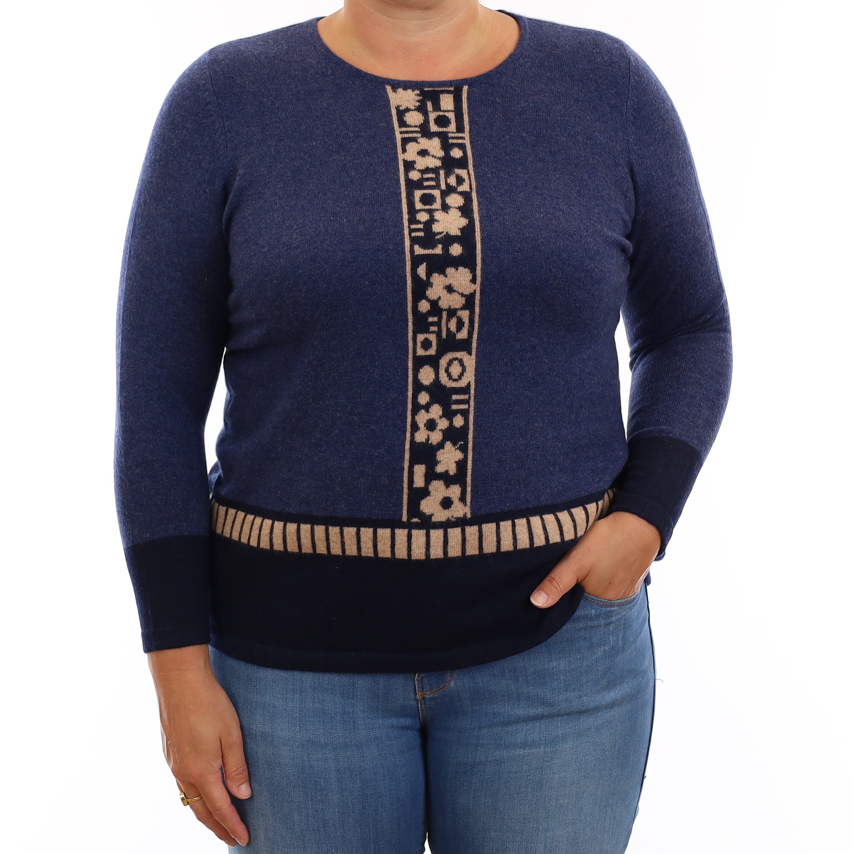 Naval Blue Patterned Cashmere Crew Neck Jumper Large