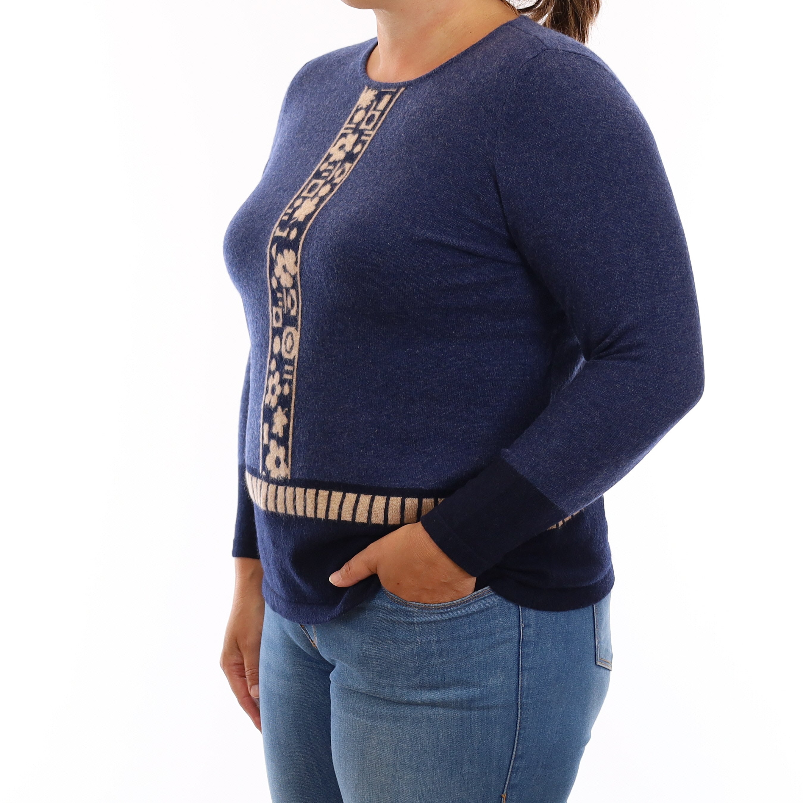 Naval Blue Patterned Cashmere Crew Neck Jumper Large