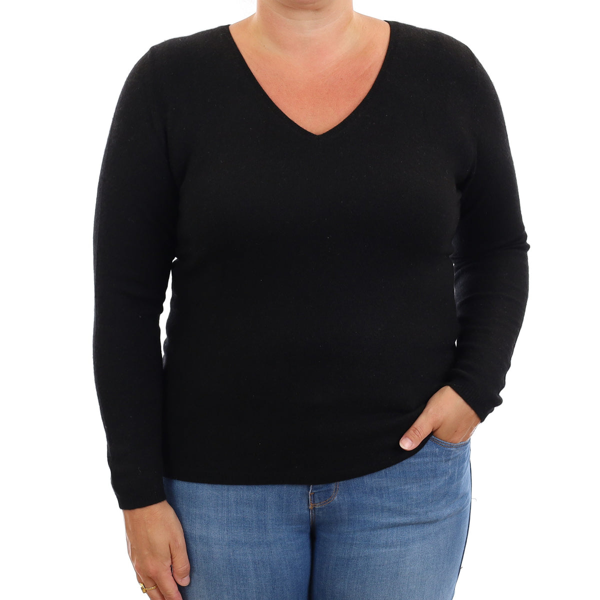 Black Cashmere V Neck Jumper Large