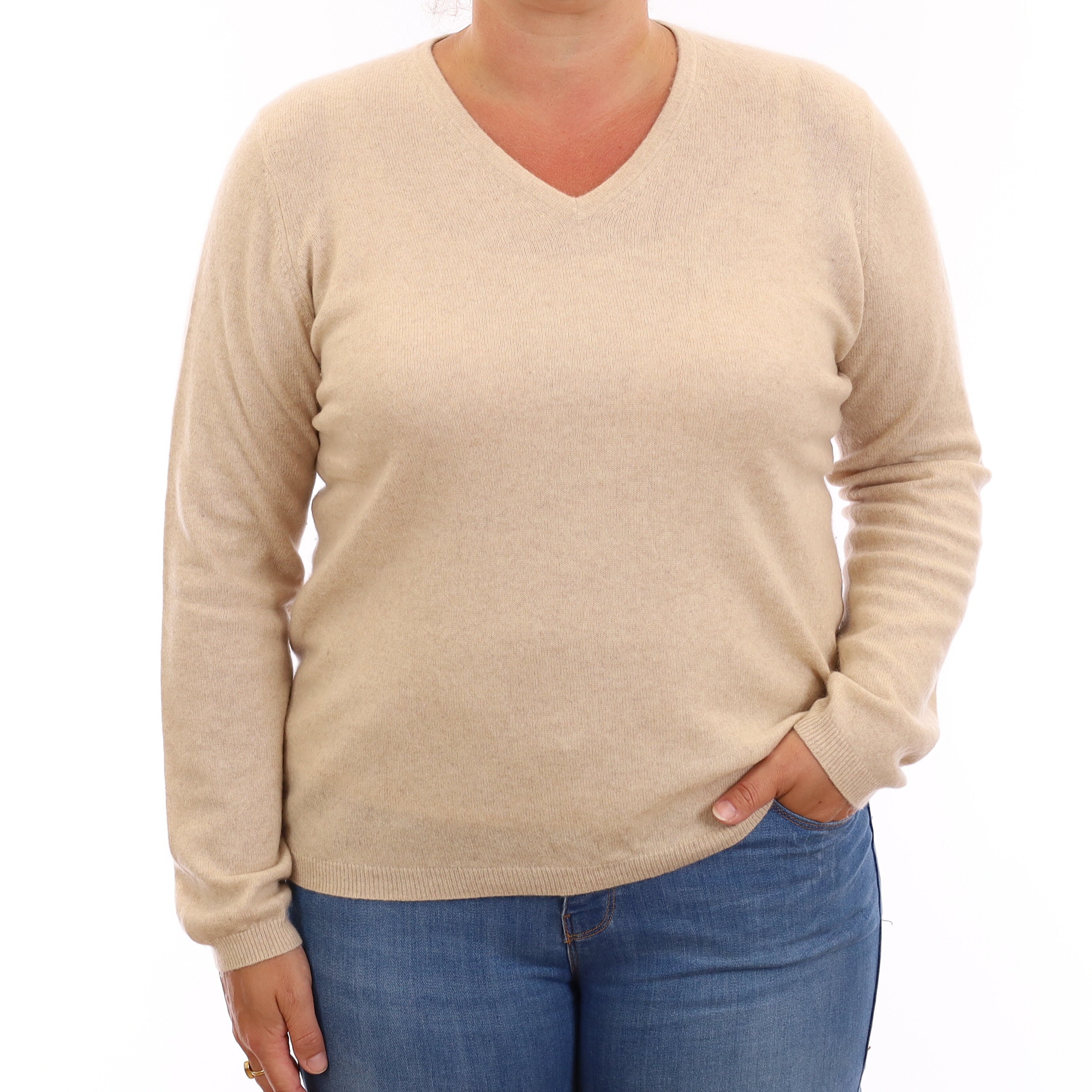 Oatmeal Cashmere V Neck Jumper Large