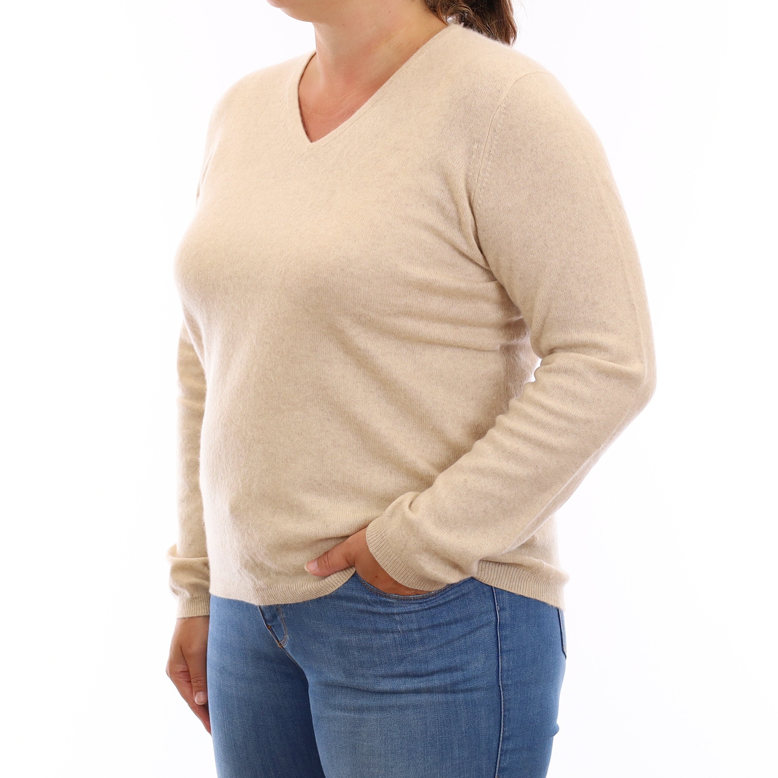 Oatmeal Cashmere V Neck Jumper Large