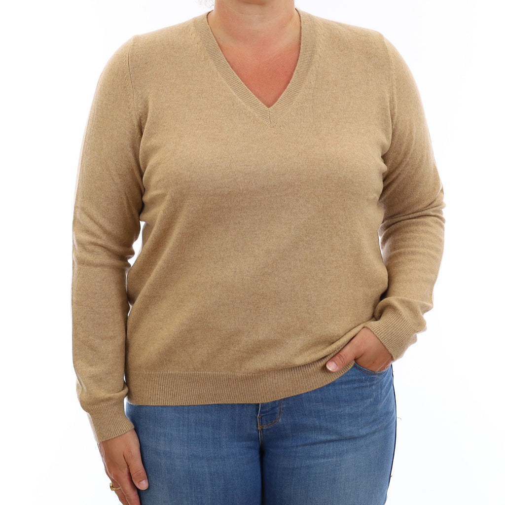 Caramel Brown Cashmere V Neck Jumper Large