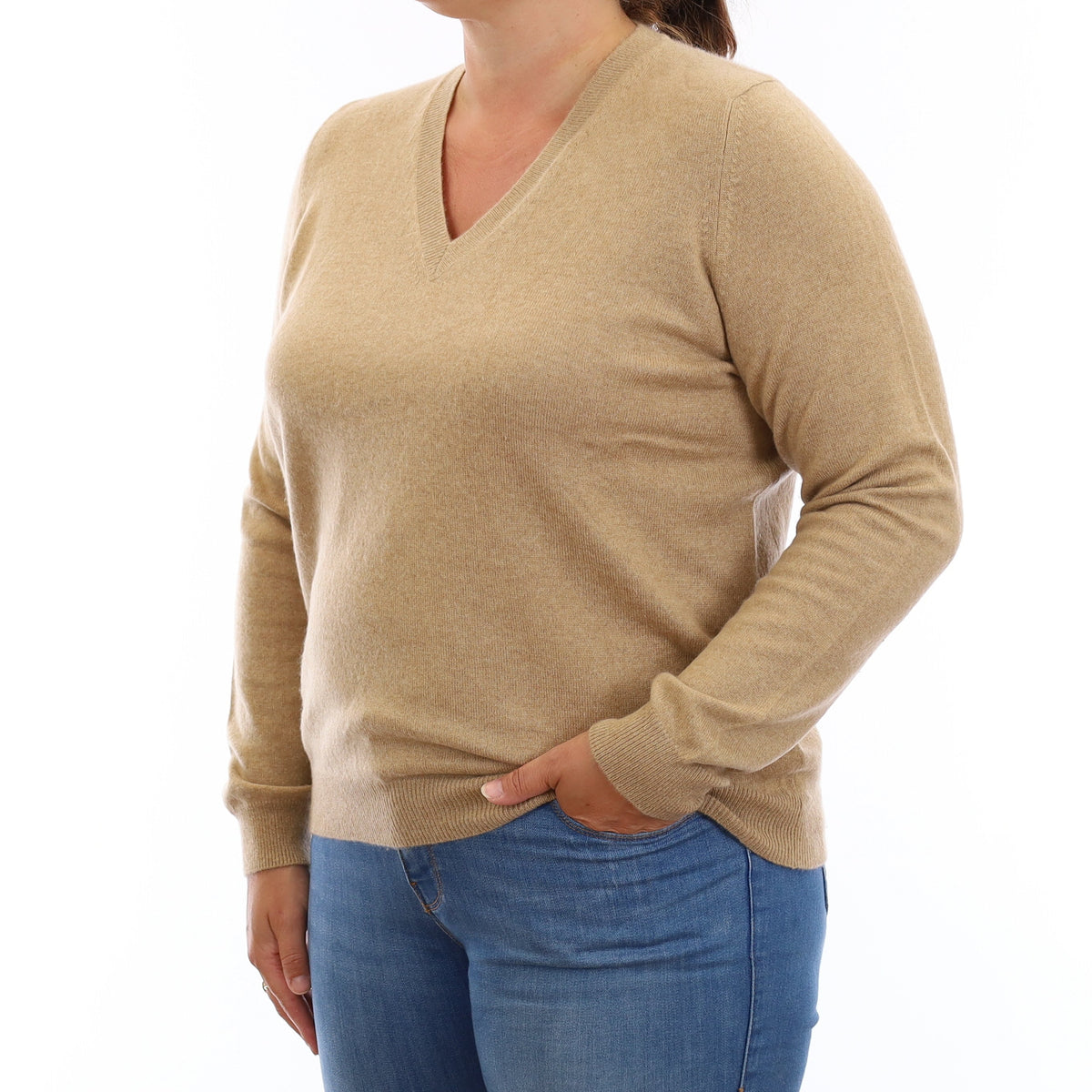Caramel Brown Cashmere V Neck Jumper Large
