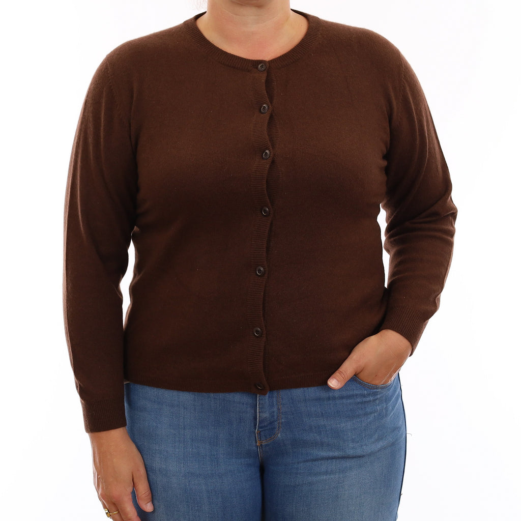 Chocolate Brown Cashmere Crew Neck Cardigan Large