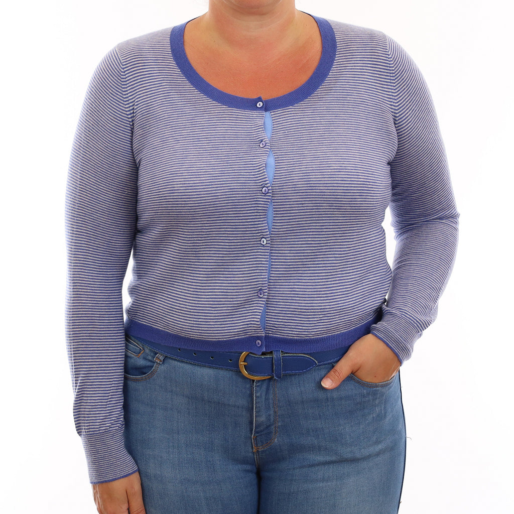 Blue Striped Fine Knit Cashmere Cropped Cardigan Large