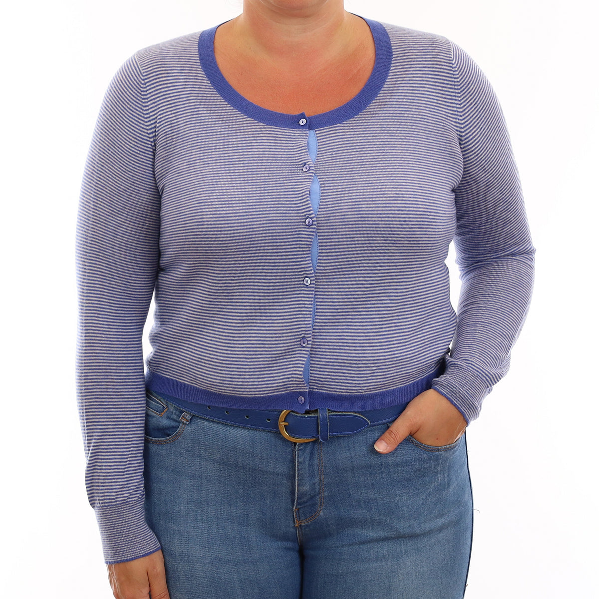 Blue Striped Fine Knit Cashmere Cropped Cardigan Large