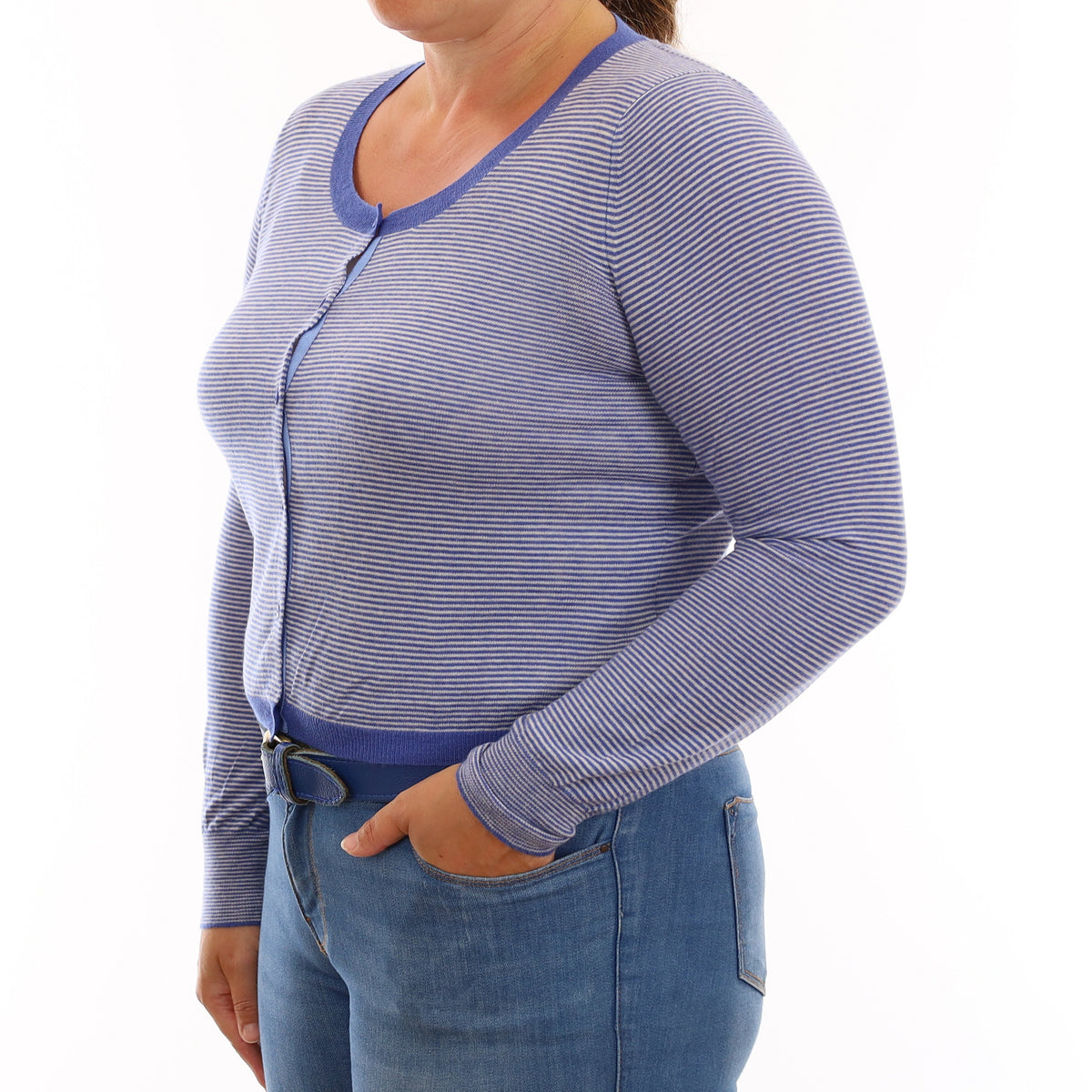 Blue Striped Fine Knit Cashmere Cropped Cardigan Large