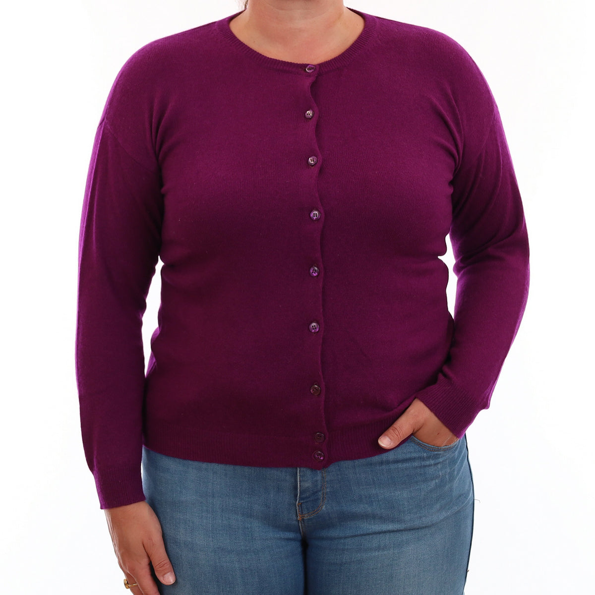 Plum Purple Cashmere Crew Neck Cardigan Large