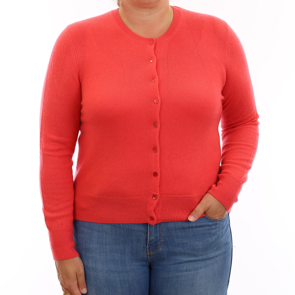 Deep Coral Pink Cashmere Crew Neck Cardigan Large