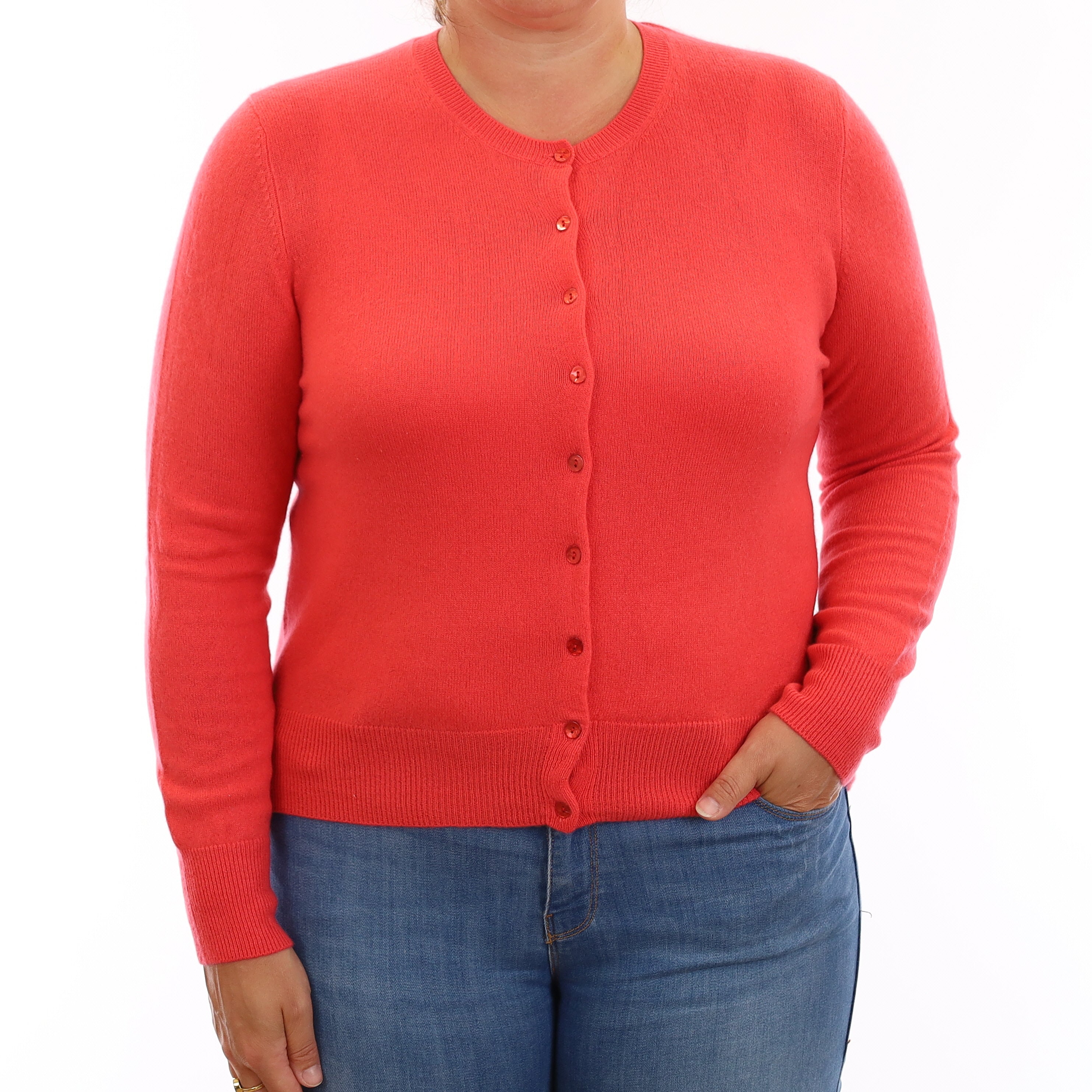Deep Coral Pink Cashmere Crew Neck Cardigan Large