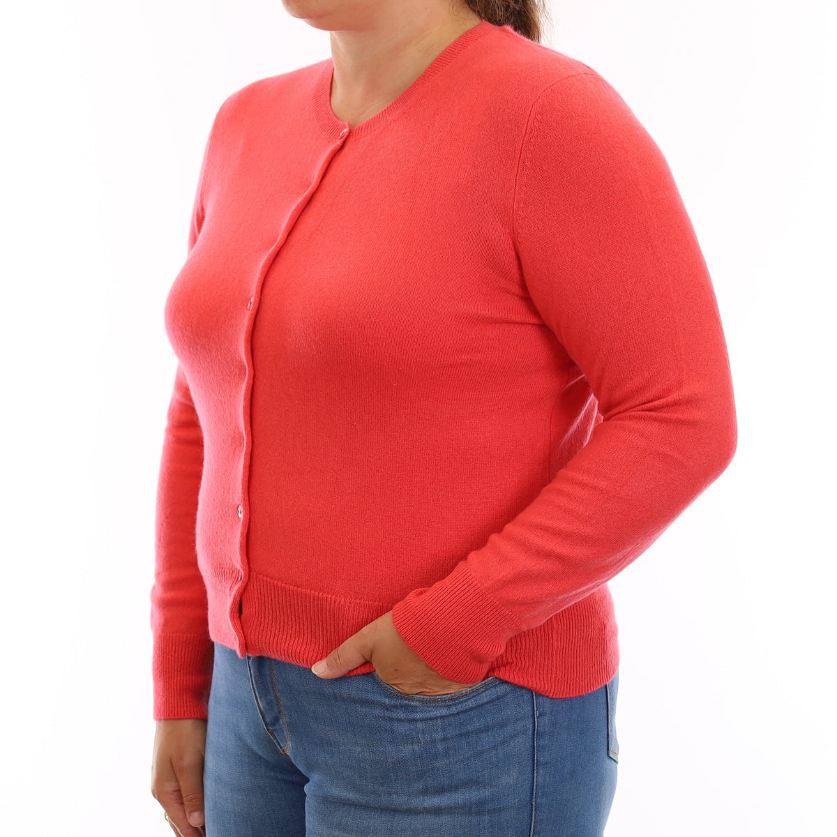 Deep Coral Pink Cashmere Crew Neck Cardigan Large