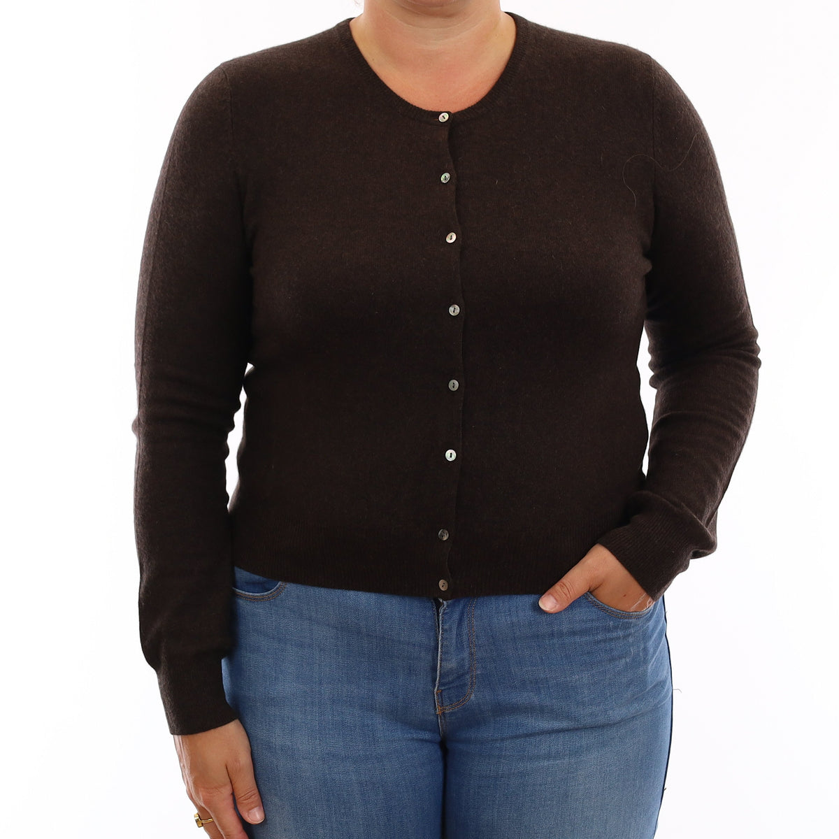Dark Chocolate Brown Cashmere Crew Neck Cardigan Large