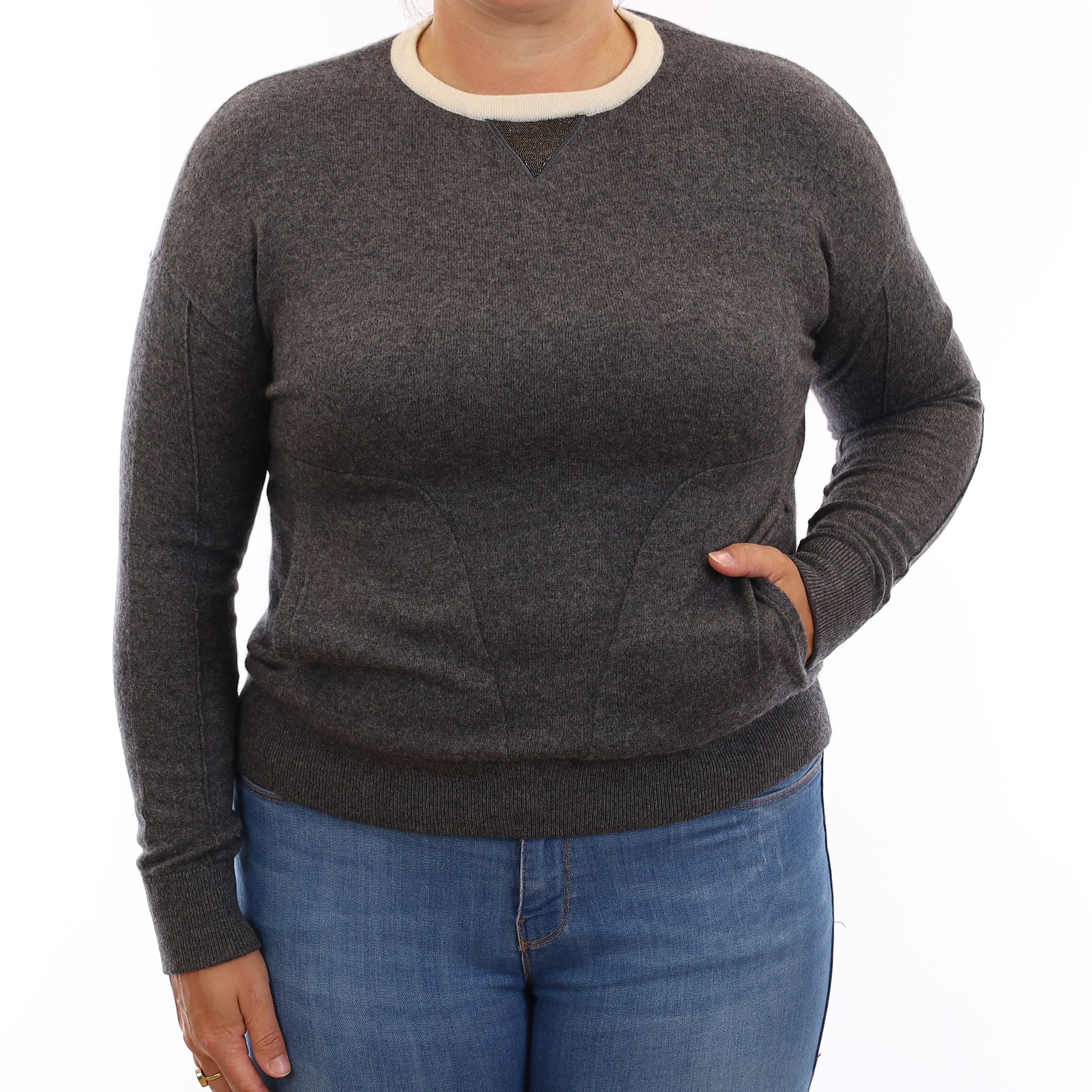 Slate Grey Cashmere Crew Neck Jumper with Pockets Large