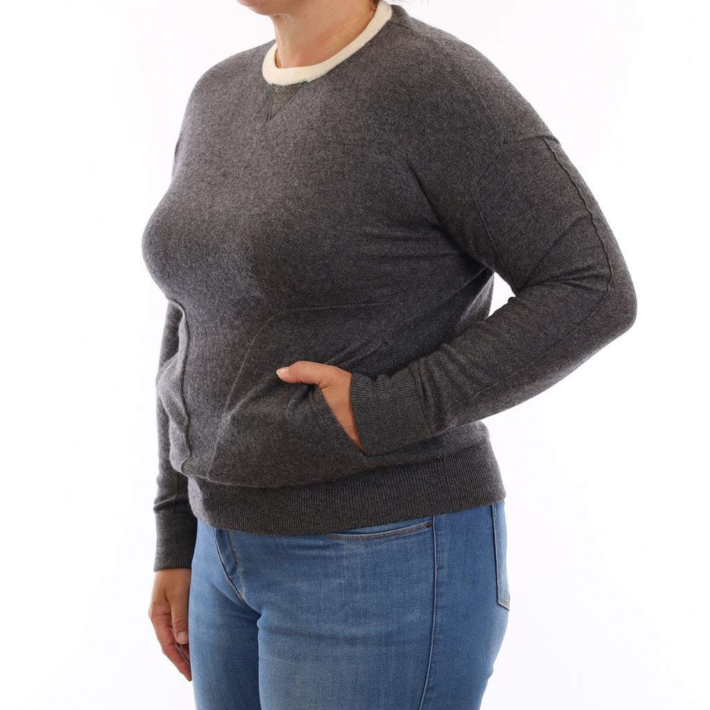 Slate Grey Cashmere Crew Neck Jumper with Pockets Large