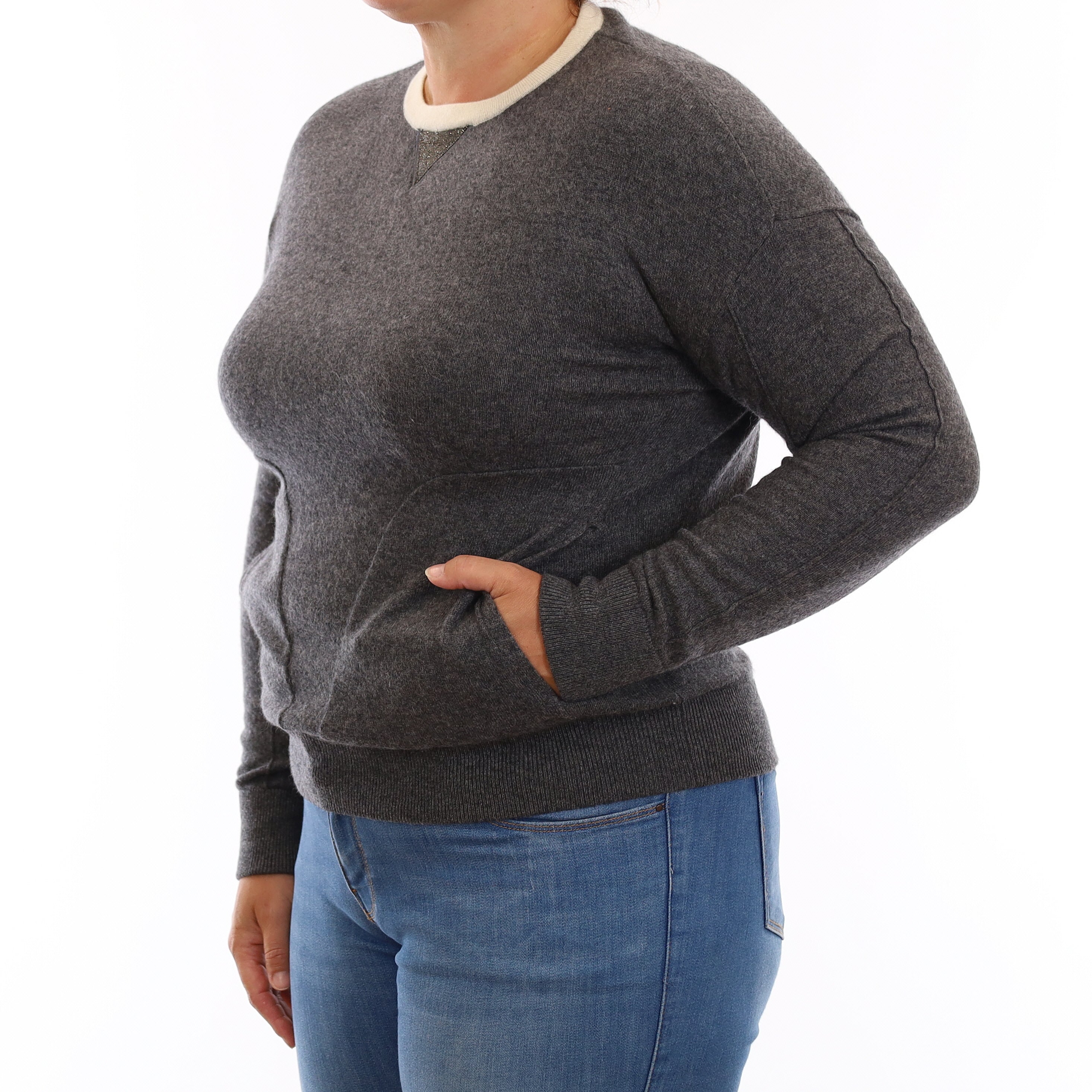 Slate Grey Cashmere Crew Neck Jumper with Pockets Large