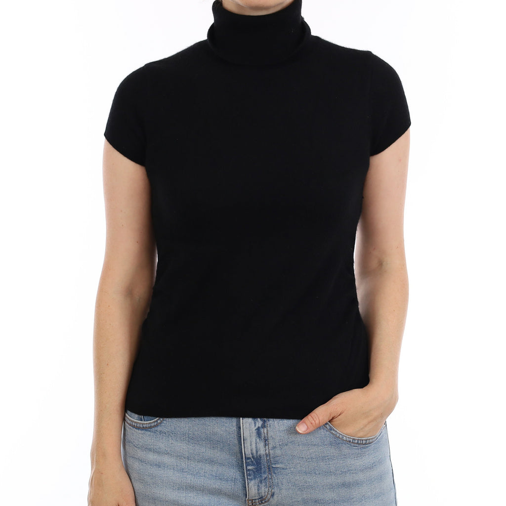 Black Ruched Detail Cashmere Short Sleeve Polo Neck Jumper Small
