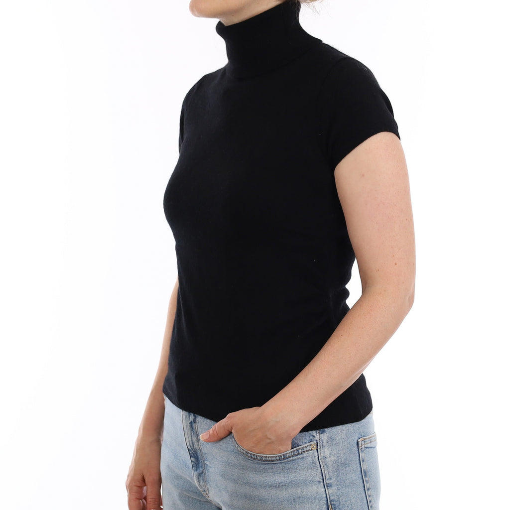 Black Ruched Detail Cashmere Short Sleeve Polo Neck Jumper Small