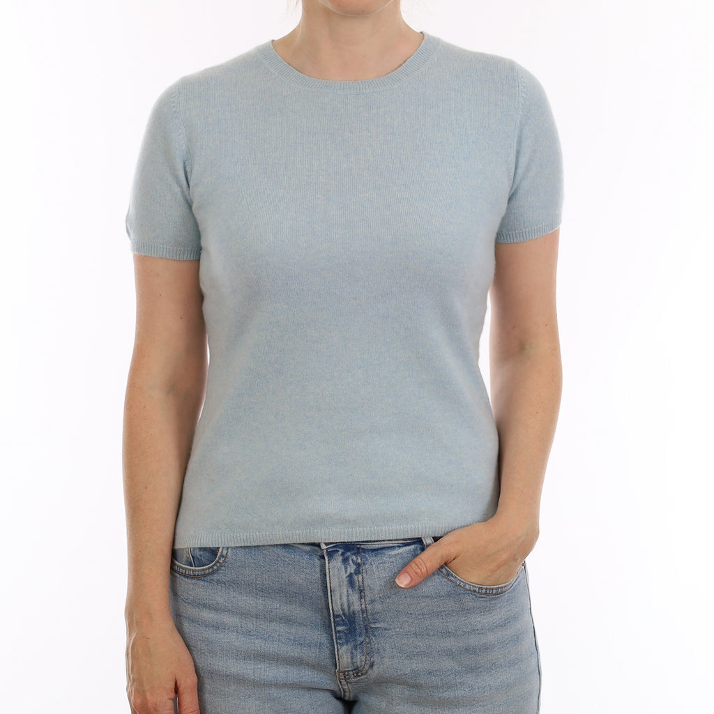 Opal Blue Cashmere Short Sleeve Crew Neck Jumper Small