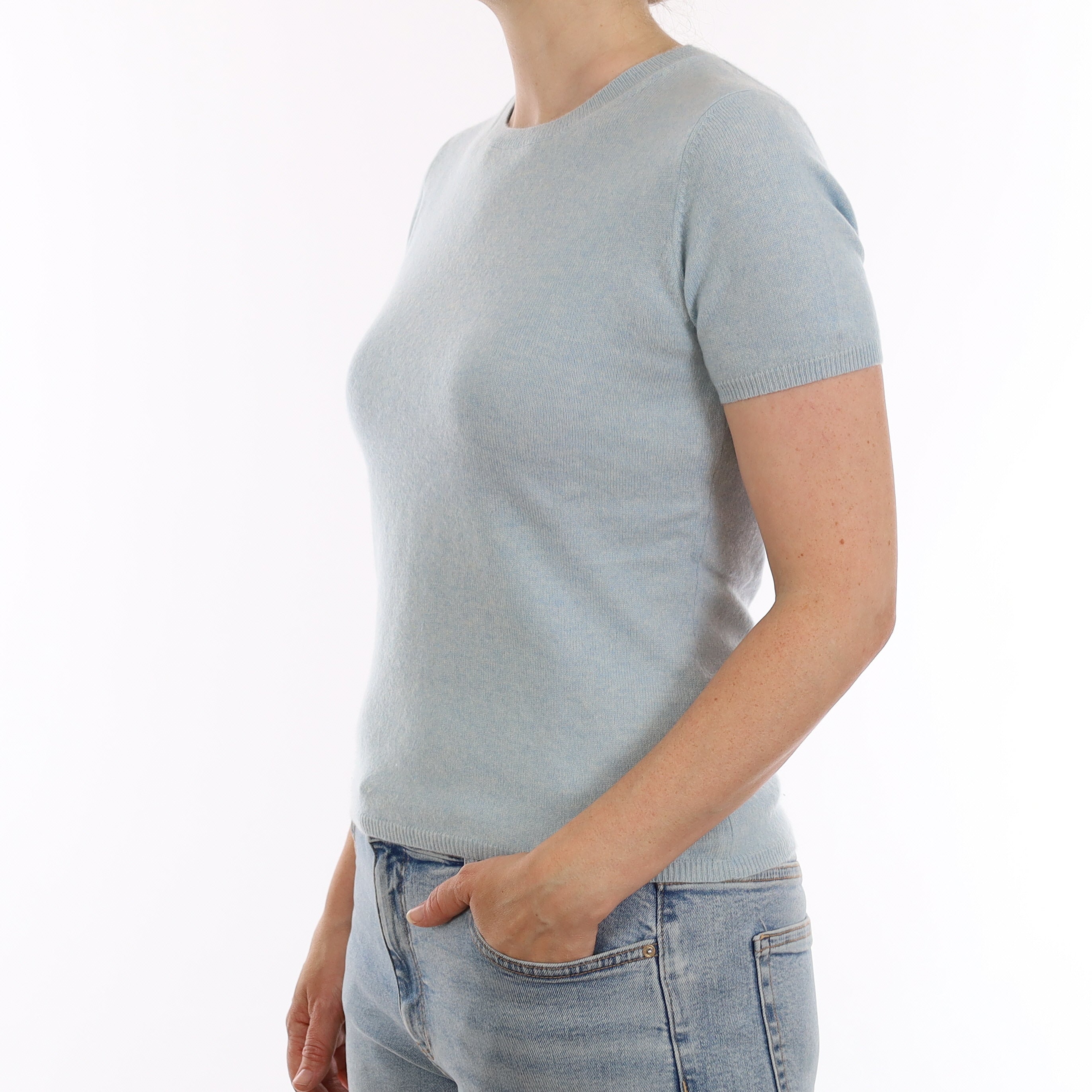 Opal Blue Cashmere Short Sleeve Crew Neck Jumper Small