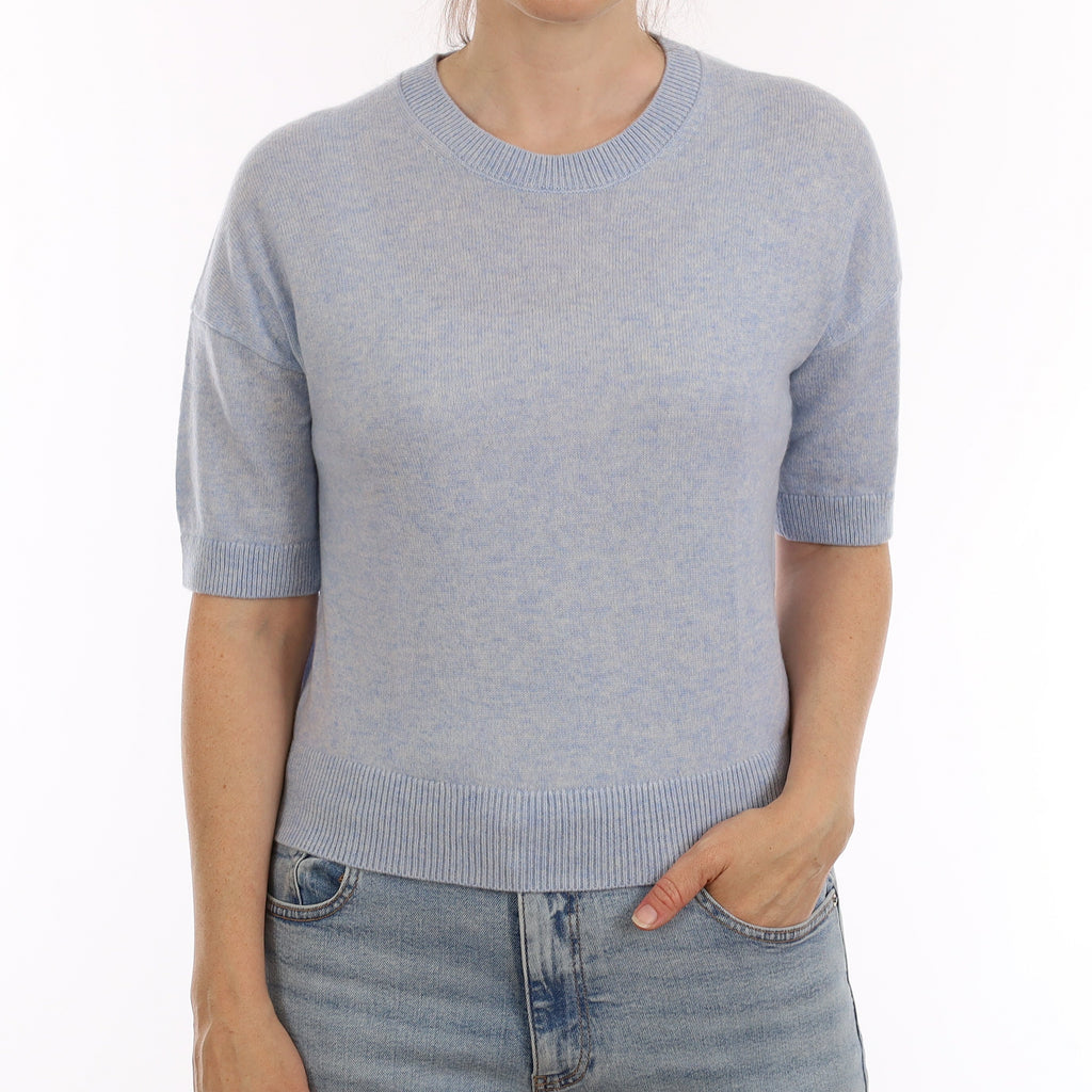 Sky Blue Marl Cashmere Short Sleeve Crew Neck Jumper Small