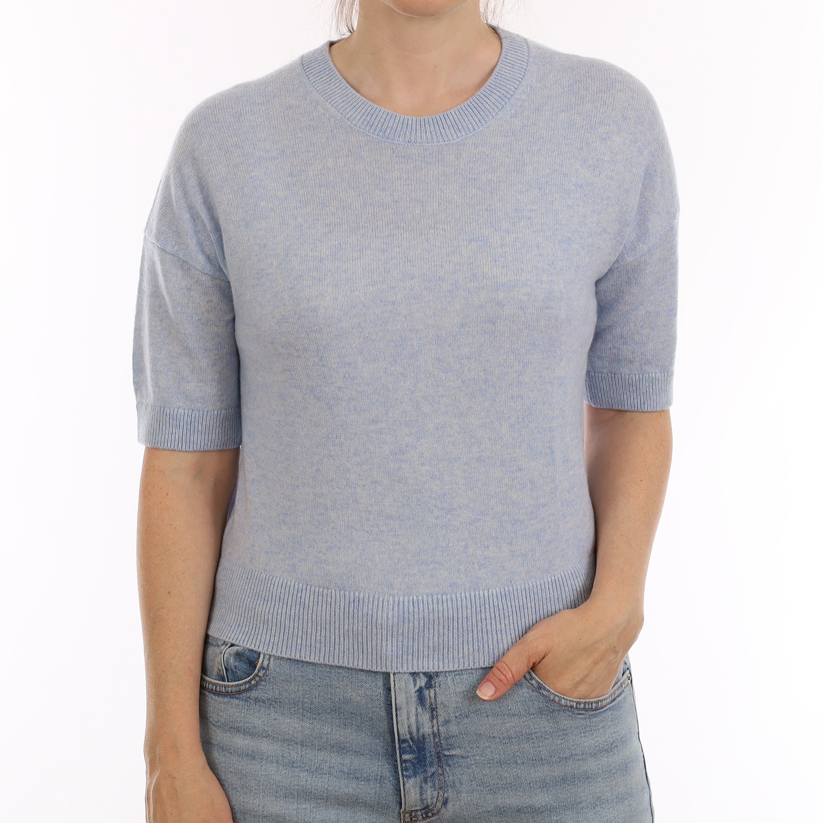 Sky Blue Marl Cashmere Short Sleeve Crew Neck Jumper Small