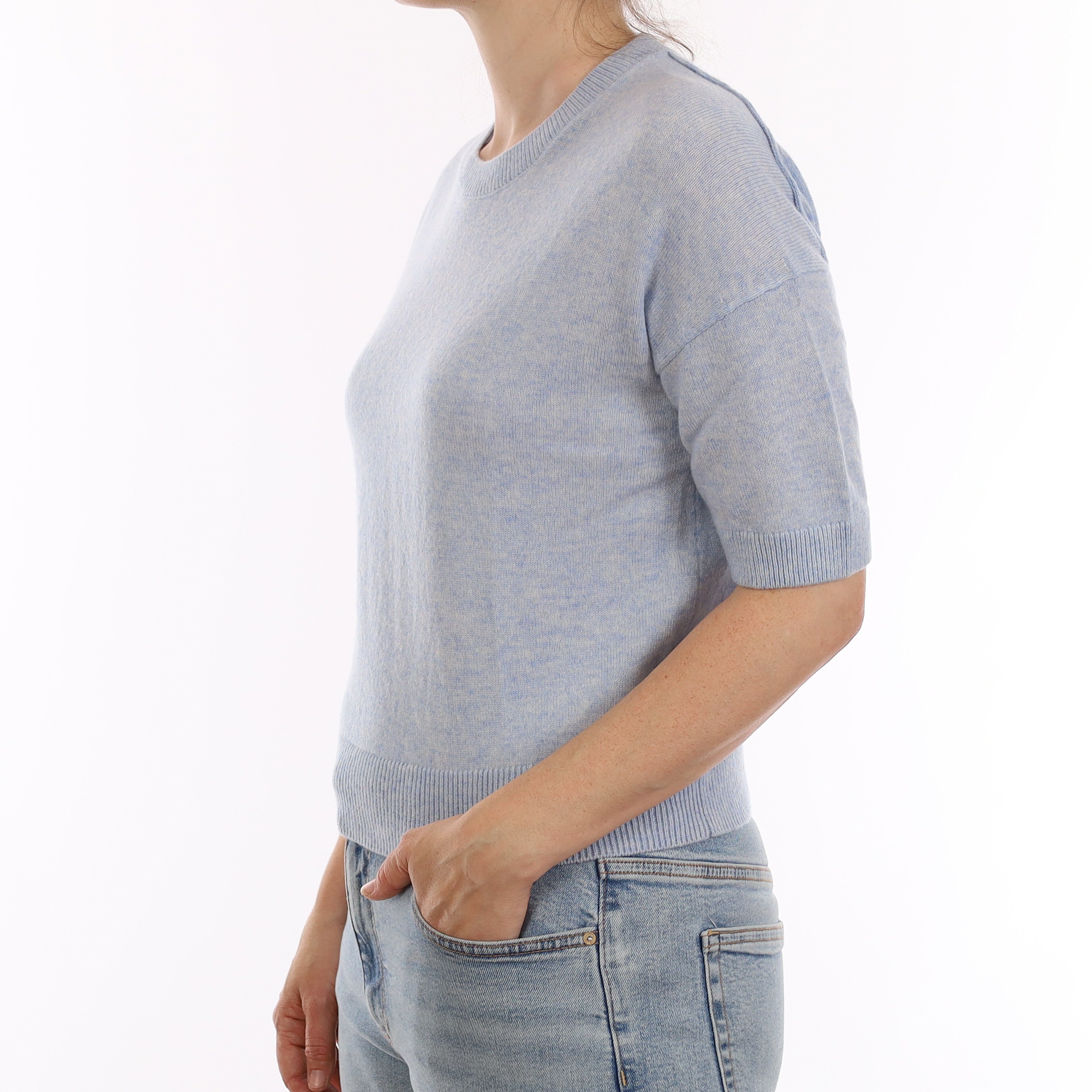 Sky Blue Marl Cashmere Short Sleeve Crew Neck Jumper Small