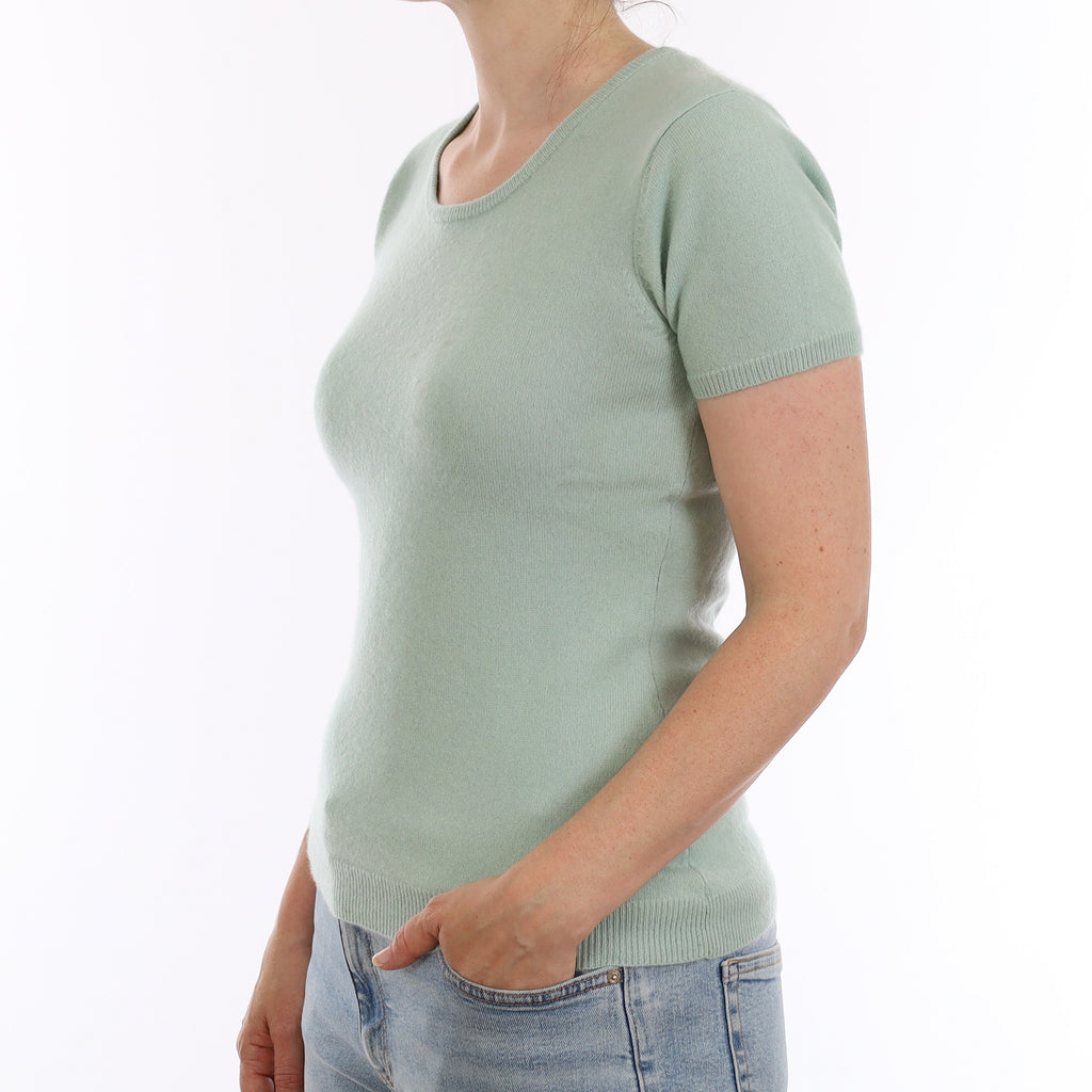 Opal Green Cashmere Short Sleeve Crew Neck Jumper Small