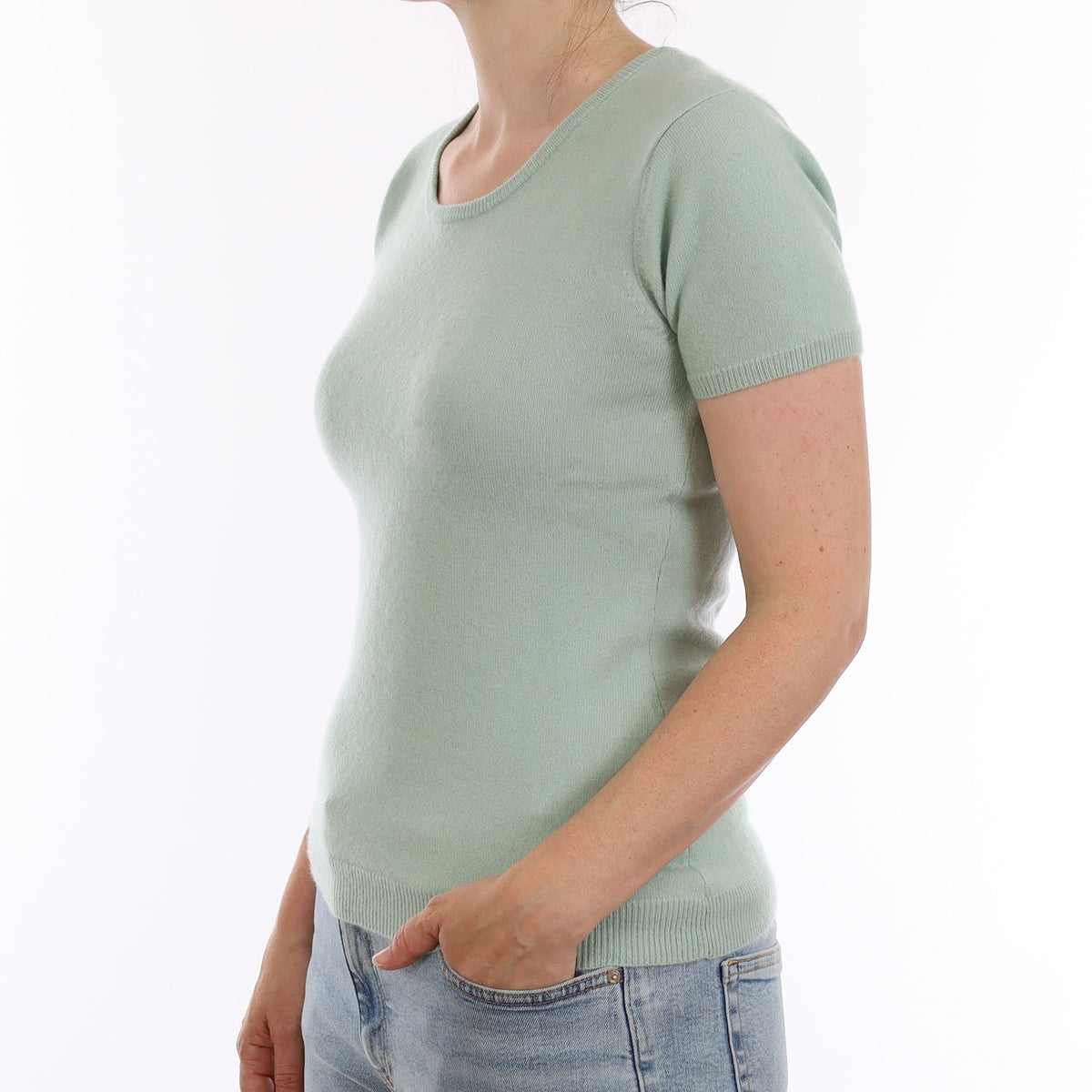 Opal Green Cashmere Short Sleeve Crew Neck Jumper Small