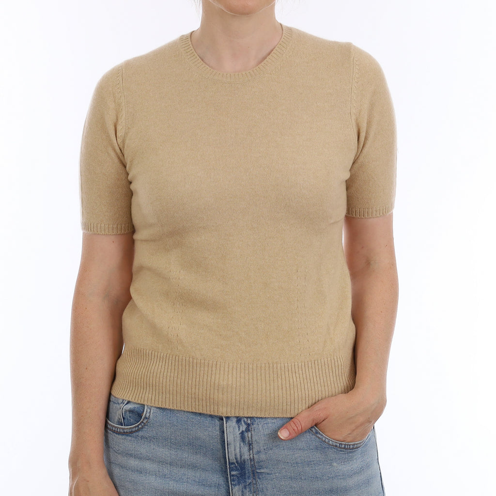 Sand Beige Cashmere Short Sleeve Crew Neck Jumper Small